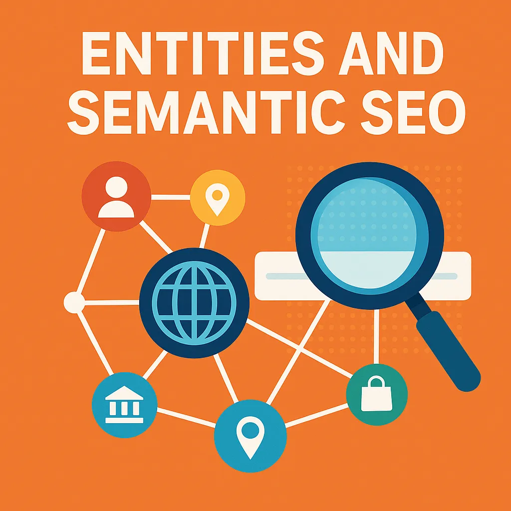 Illustration of entities and semantic SEO with interconnected nodes and magnifying glass highlighting digital search context.