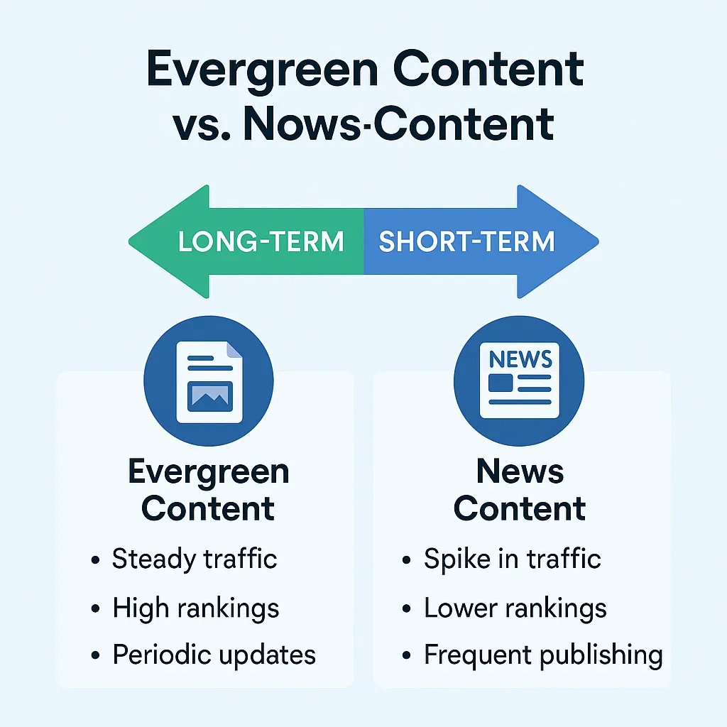 Illustration contrasting evergreen content long-term benefits with news content short-term spikes in SEO and traffic.