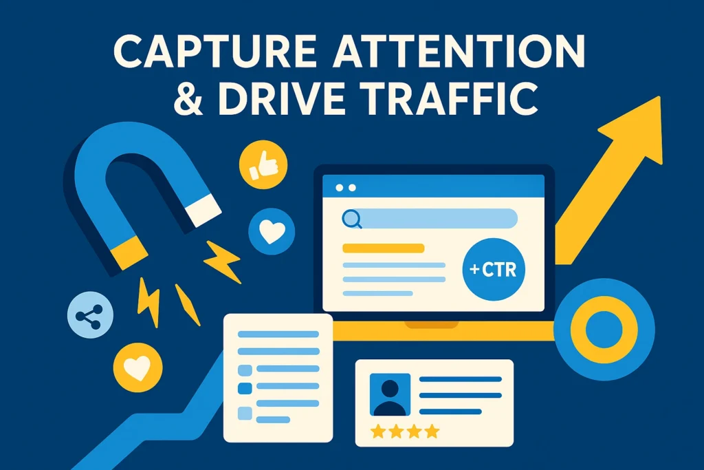 Illustration showing magnet, SERP and growth arrow to represent capturing attention and driving traffic.